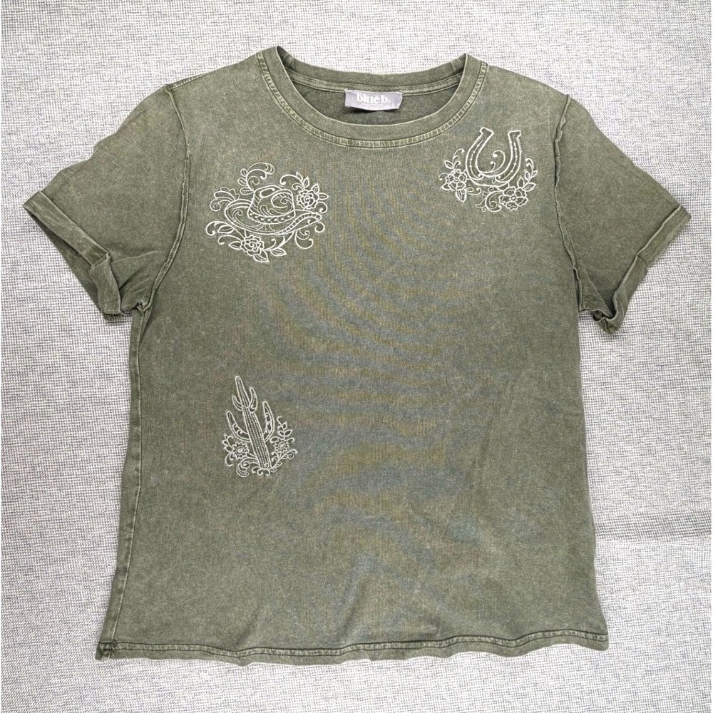 Blue B Collection Olive Green Mineral Wash Western Embroidered‎ T-Shirt Medium